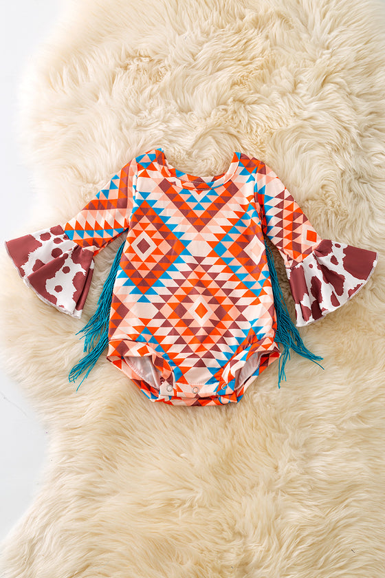 Aztec & cow printed girls baby onesie with bell sleeves. RPG51902 AMY