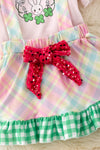 Easter bunny bubble sleeve shirt & plaid suspender skirt. OFG42853 SOL