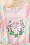 Easter bunny bubble sleeve shirt & plaid suspender skirt. OFG42853 SOL