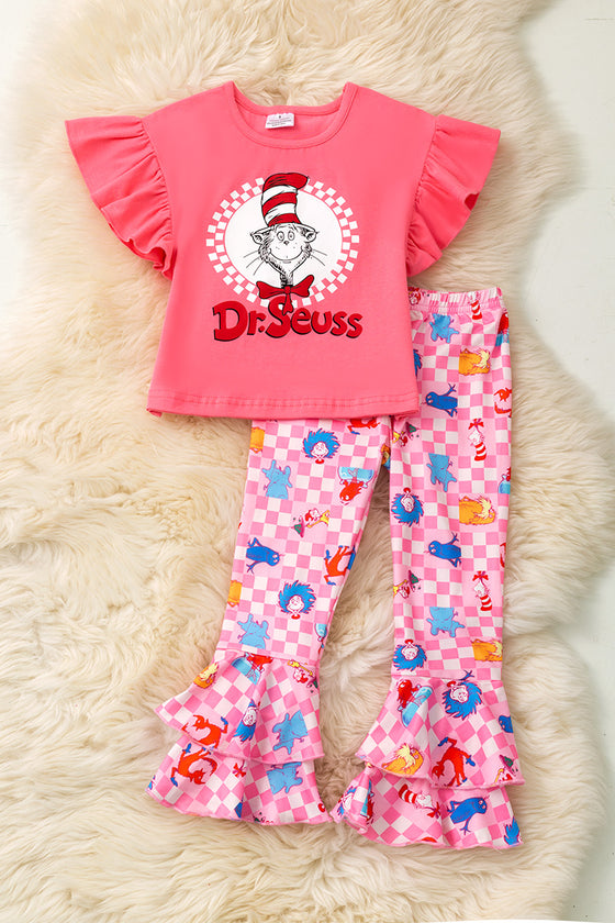 Pink ruffle sleeve Dr. S multi printed 2 piece set. OFG60222 SOL