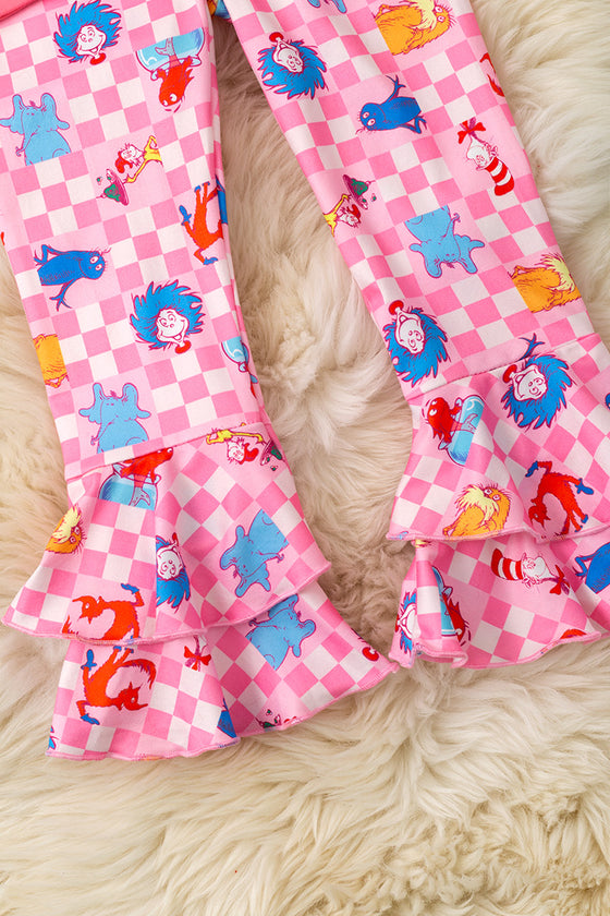 Pink ruffle sleeve Dr. S multi printed 2 piece set. OFG60222 SOL
