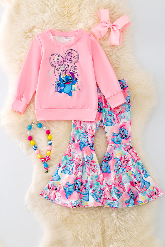 OFG41605 SOL:Pink Multi-Color printed character sweatshirt & bell bottoms.