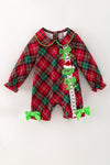Red plaid printed girls baby roper with snaps w/ Christmas character applique. RPG62915 MON