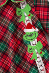 Red plaid printed girls baby roper with snaps w/ Christmas character applique. RPG62915 MON