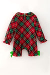Red plaid printed girls baby roper with snaps w/ Christmas character applique. RPG62915 MON