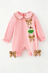 Cute Christmas character on pink applique baby romper. RPG62916 AMY