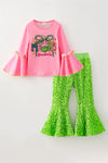 Merry Grinchmas pink bell sleeve top and green sequins bell bottoms. OFG61074 AMY