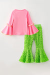 Merry Grinchmas pink bell sleeve top and green sequins bell bottoms. OFG61074 AMY