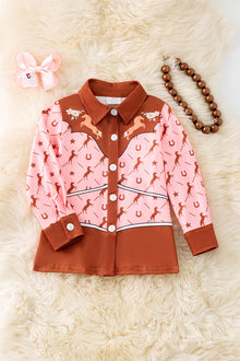  Girls western printed brown & pink button up long sleeve shirt. (Western) TPG50521 AMY