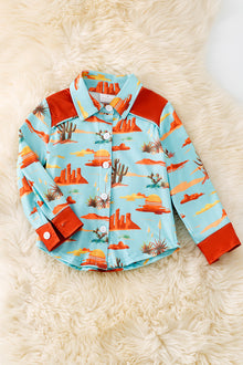  Brown & aqua boys dessert cactus printed button long shirt.(Western) TPG50652 AMY