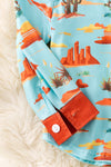Brown & aqua boys dessert cactus printed button long shirt.(Western) TPG50652 AMY