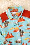 Brown & aqua boys dessert cactus printed button long shirt.(Western) TPG50652 AMY