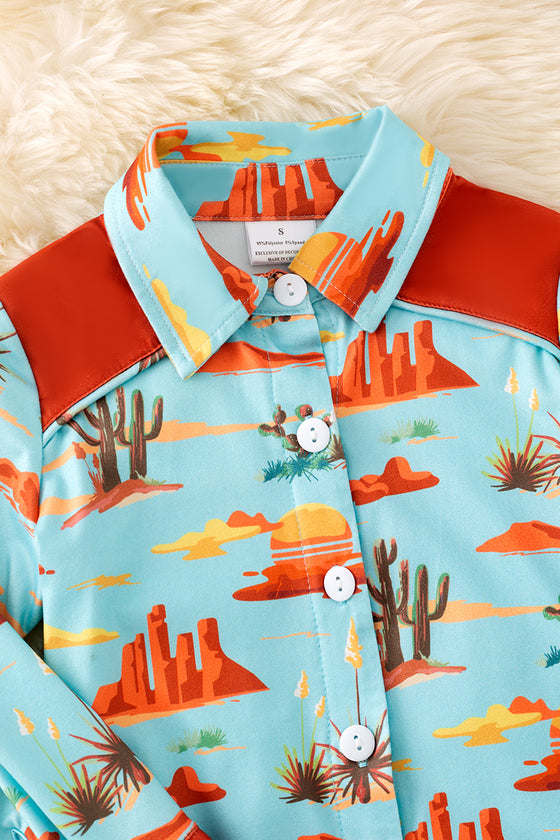 Brown & aqua boys dessert cactus printed button long shirt.(Western) TPG50652 AMY