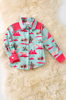  Pink & aqua dessert cactus printed button long shirt.(Western) TPG50653 JEAN