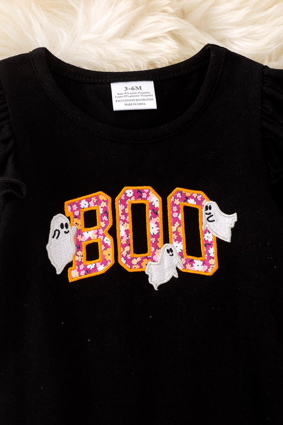 Black "BOO" Applique baby romper. RPG51595 Jean