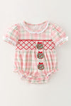 Side ornament baby romper w/ smocked chest detail.  RPG63851 SOL
