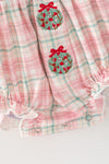 Side ornament baby romper w/ smocked chest detail.  RPG63851 SOL