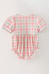 Side ornament baby romper w/ smocked chest detail.  RPG63851 SOL