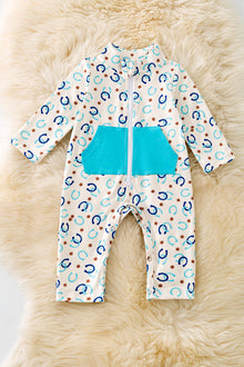  Blue Horse shoe printed baby bodysuit w/snapps & zipper. (WESTERN)  RPG51316 SOL
