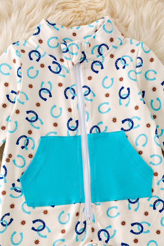 Blue Horse shoe printed baby bodysuit w/snapps & zipper. (WESTERN)  RPG51316 SOL