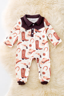  Brown and ivory boot printed baby bodysuit w/snapps. (WESTERN)  RPB50423 JEAN