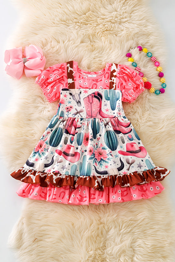 Wild west multi printed dress with bubble sleeve. DRG20010 SOL