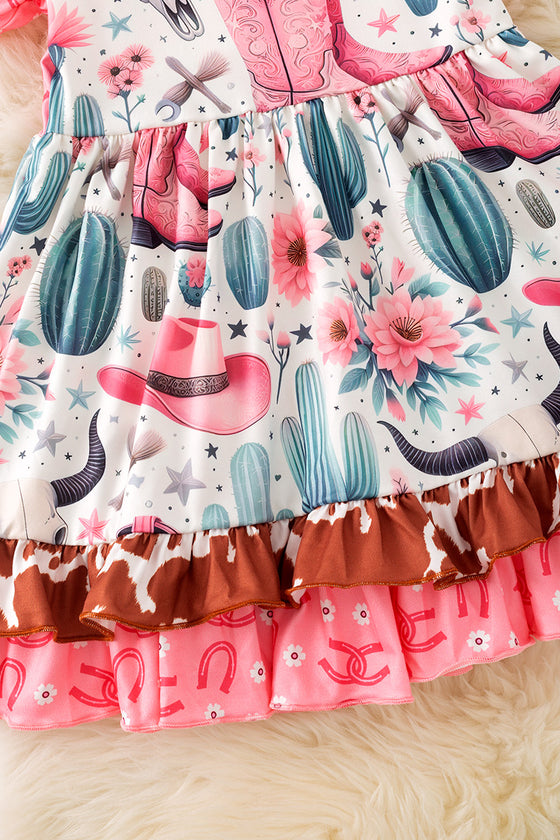 Wild west multi printed dress with bubble sleeve. DRG20010 SOL