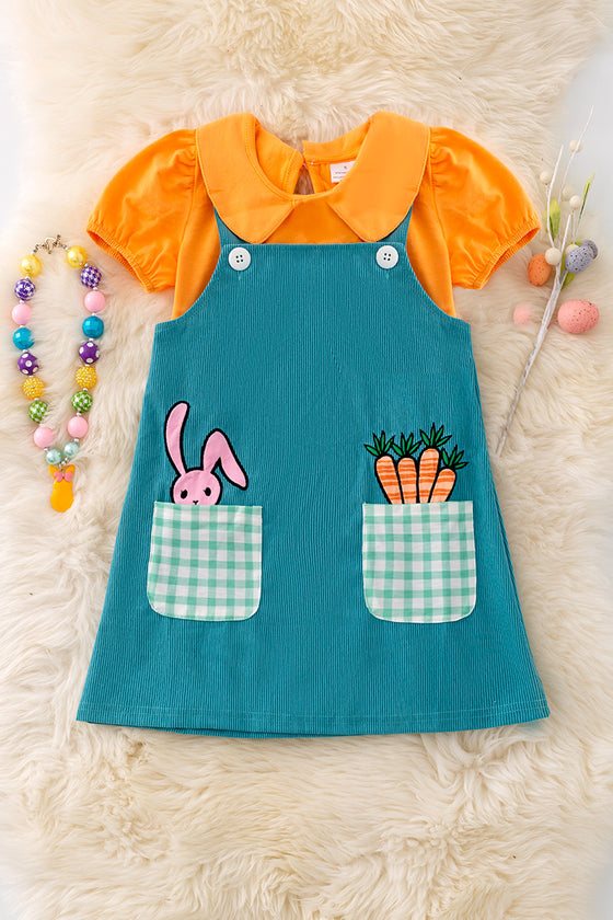 Teal Easter overall dress with orange bubble shirt. OFG42832 JEAN