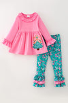 Pink tunic w/ floral christmas tree applique on the size and floral pants. OFG62374 AMY