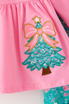 Pink tunic w/ floral christmas tree applique on the size and floral pants. OFG62374 AMY