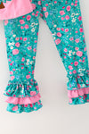 Pink tunic w/ floral christmas tree applique on the size and floral pants. OFG62374 AMY
