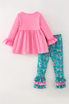 Pink tunic w/ floral christmas tree applique on the size and floral pants. OFG62374 AMY