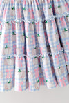 Blue gingham w/ pumpkin printed smocked tiered dress. DRG65299 SOL
