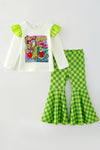 Christmas character long sleeve top and green checkered bell bottoms. OFG63148 AMY
