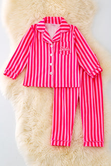  PJG40101 NAY: Fuchsia stripe and white character printed pajama set.