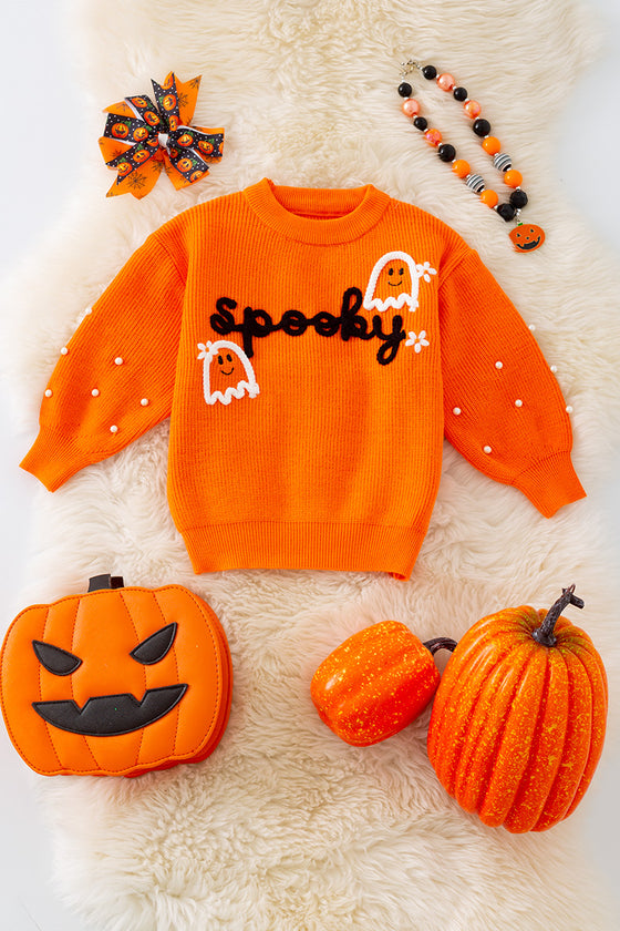 Spooky knit girls sweater with pearl beads. (Available in 3 colors!)