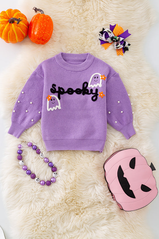 Spooky knit girls sweater with pearl beads. (Available in 3 colors!)