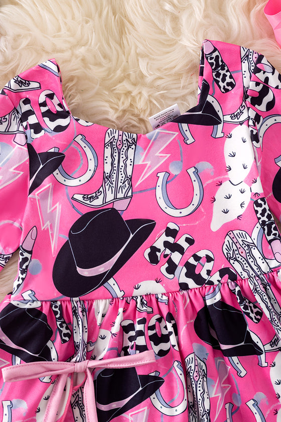 Cowgirls fuchsia printed dress with bell sleeves. DRG20009 Sol