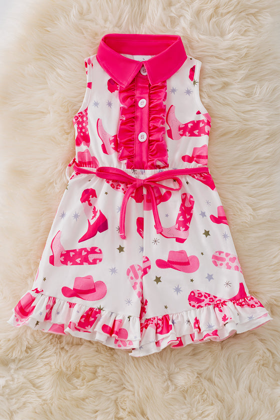 Western on white printed girls short romper. PNG20006 SOL
