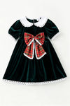 Green faux velvet plaid front bow dress. DRG63952 SOL