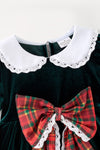 Green faux velvet plaid front bow dress. DRG63952 SOL