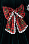 Green faux velvet plaid front bow dress. DRG63952 SOL
