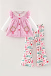Christmas 3 piece set, Quilted vest, white long sleeve top and Christmas printed pants. OFG62388 MON