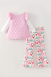 Christmas 3 piece set, Quilted vest, white long sleeve top and Christmas printed pants. OFG62388 MON