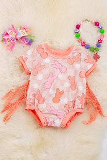  Checker & Easter bunny printed baby romper with fringe. RPB20144004 JEANN