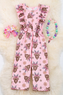  Easter Highland cow printed jumpsuit with ruffle detail. PNG20144003 AMY