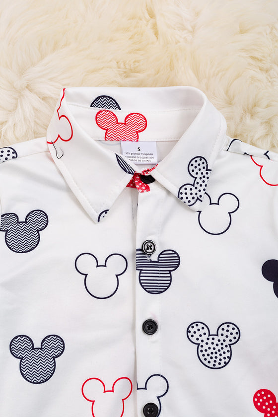 Character printed on white button up shirt with collar. TPB40072 Jeann