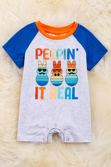  "Peepin It real" Gray peep printed romper with royal blue sleeves. RPB20144002 WENDY