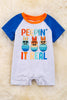 "Peepin It real" Gray peep printed romper with royal blue sleeves. RPB20144002 SOL