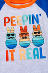 "Peepin It real" Gray peep printed romper with royal blue sleeves. RPB20144002 WENDY